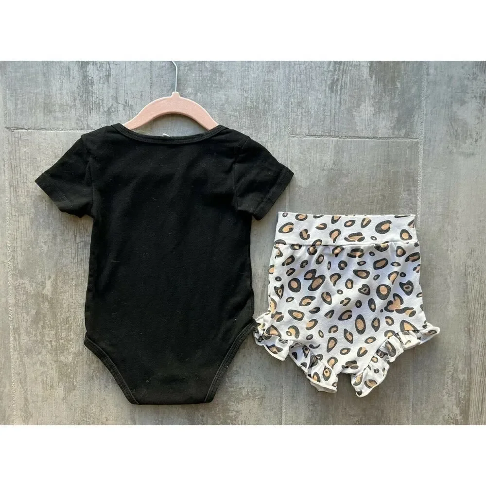 Los Angeles Boutique Black Bodysuit & Cotton Leopard Shorts Set Outfit Cute 18M